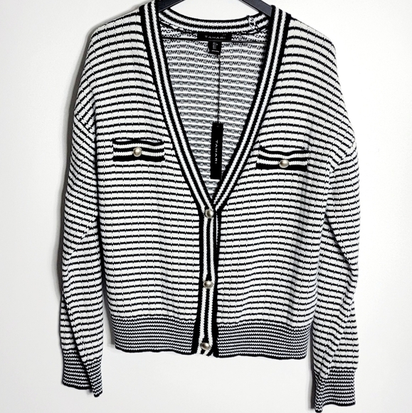 NWT Tahari Navy Stripes Knit Women's Cardigan Sweater Size L - Picture 1 of 7